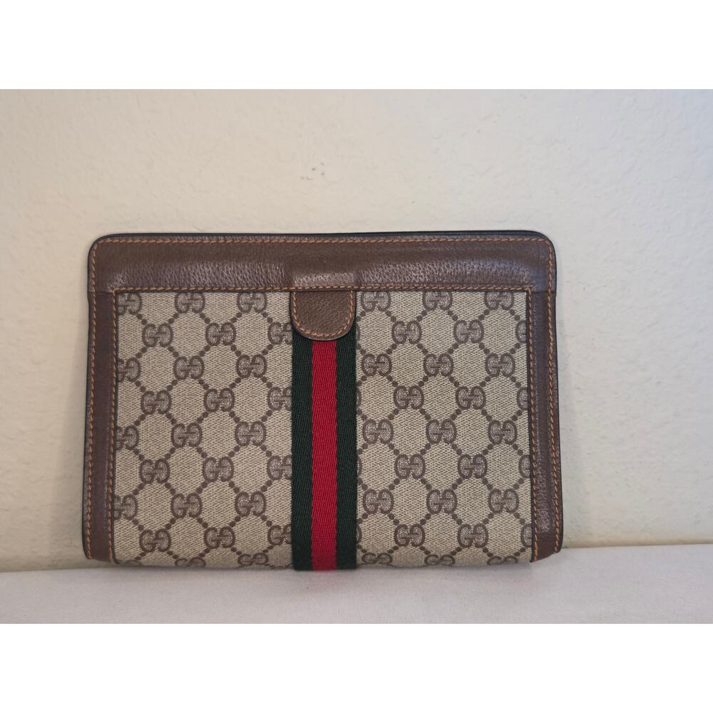 Gucci Vintage Accessory Collection GG Supreme Web Clutch Pouch Brown Leather